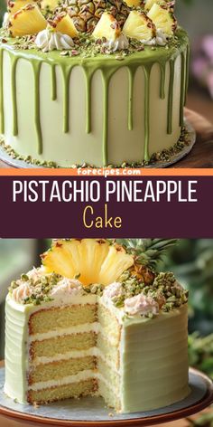 there is a cake with pineapples on it and the words pistachio pineapple cake