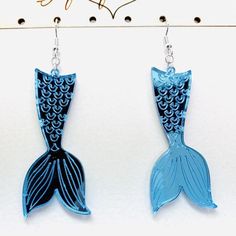 Laser Cut Mermaid Tail Acrylic Earrings, Blue Statement Earrings Pierced or Clip-on Kawaii Mermaid, Mirror Earrings, Blue Statement Earrings, Laser Projects, Mirrored Acrylic, Laser Cut Jewelry, Earring Ideas, Halloween Earrings, Earrings Blue