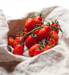 some red tomatoes are in a white cloth