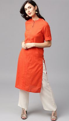 Flex Cotton Orange Colour Kurta with Offwhite Palazzo Plazo Suits, Kurta Style, Kurti Patterns, Kurti Designs Latest, Long Kurti Designs, Kurta Neck Design, Diy Clothes Design, Cotton Kurti Designs, Designer Anarkali