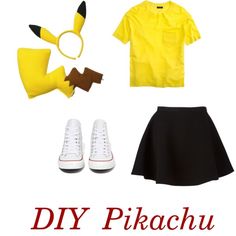 a woman's outfit and shoes with the words diy pikachu on it