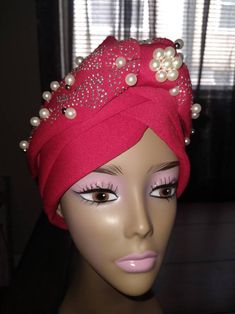 Turbans With Pearls for Women - Etsy Pink Headwrap For Party, Adjustable Pink Turban, Trendy Spring Turban, Pink Headscarf, African Head Dress, Head Dress, Texturizer On Natural Hair, Baltimore Md, Turbans