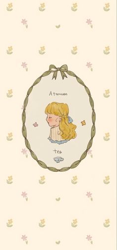 a drawing of a girl with blonde hair in a circle frame on a floral background