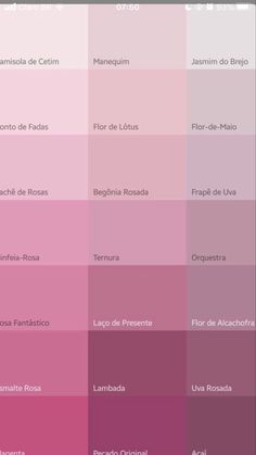 the color palettes are all in shades of pink, red and purple with different names