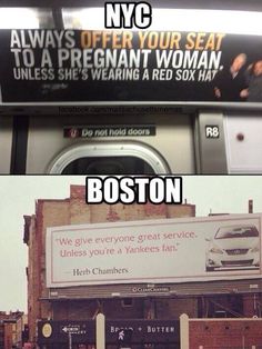 two billboards on the side of a building, one with an advertisement for boston