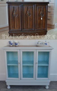 the before and after photo shows an old cabinet with glass doors on it's sides