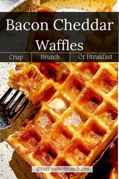 bacon cheddar waffles on a plate with a fork