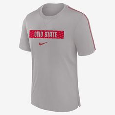 Featuring an official team look, the Ohio State Buckeyes Sideline Player T-Shirt combines sweat-wicking technology and soft tri-blend fabric to help provide you with a comfortable game-day experience. Gray Team Logo Crew Neck Top, Gray T-shirt With Team Logo For Team Spirit, Gray Crew Neck Top With Team Logo, Gray Fan Apparel T-shirt For Sports Events, Nike Gray Sports T-shirt, Gray Sportswear T-shirt For Sports Season, Gray Team Logo T-shirt For Fans, Gray Team Logo T-shirt Fan Apparel, Nike Sports Tops In Tri-blend