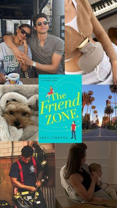 a collage of photos with people and animals in the middle one has a book cover that says, the friend zone