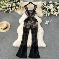 Elegant Black Lace Halter Jumpsuit for Women Summer Korean Fashion, Black Lace Jumpsuit, Pants Romper, Jumpsuit For Women, Flare Jumpsuit, Halter Jumpsuit, Lace Jumpsuit, Jumpsuit Summer, Ankle Length Pants