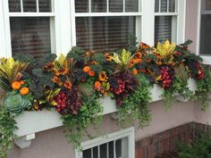 a window box filled with lots of colorful flowers