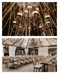 the inside and outside of a tent with chandeliers