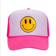 Snap On Closure Hand Wash Only Sun Protection: This Smiley Face Cap Is Perfect For All Seasons. Trendy Hats Keep Your Head Cool In The Summer And Warm During Winter, As Well A Protecting You From Sunburns When It's Hot Outside. Our Smiley Hat Will Protect Your Eyes From The Sun, And Shield Your Face From Harmful Uv Rays. It’s Perfect For A Day Out In The Town. The Trucker Cap Is Extremely Lightweight And Breathable. You'll Forget You're Wearing It! Fit Everyone: Cute Trucker Hats Are Comfortable And Secure To Wear! This Mesh Trucker Hat Has An Adjustable Plastic Snap Closure At The Back For You To Change The Size When You Wearing It. The Perfect Fit Ensures That This Smile Trucker Hat Is Pink Summer Baseball Cap, Pink Summer Trucker Hat, Casual Pink Hats With Adjustable Fit, Casual Pink Trucker Hat For Beach, Casual Pink Trucker Hat For The Beach, Pink Cap For Summer, Pink Summer Cap, Pink Snapback Summer Hat, Trendy Pink Baseball Cap For The Beach