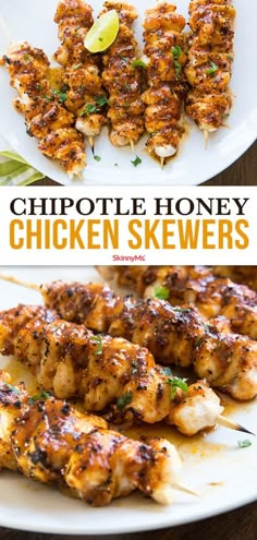 grilled chicken skewers on a white plate