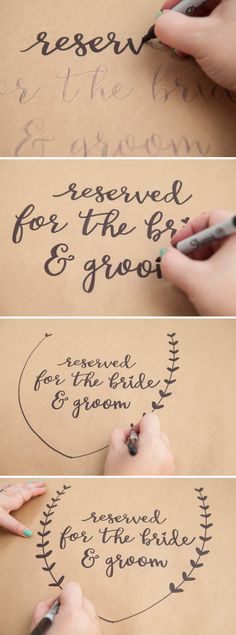 the process of writing calligraphy on a piece of brown paper with black marker pens