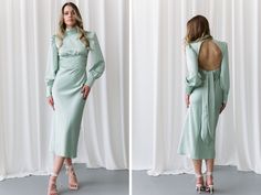 Gorgeous sage olive silk dress. Silk turtleneck dress with open back midi.Graduation dress. Wedding dress. Event backless dress. Material: Silk + polyester Colours: Ivory,Black, Milky, Sage, Dusty Rose SIZE/LENGTH: sleeve length 63 cm (24,8'') XS-123 cm (48,4'') S-123 cm (48,4'') M-123 cm (48,4'') L-123 cm (48,4'') Model on the Foto  170cm-66,92'', S size We can customize length for you as well. PRODUCT CARE  - It is recommended to handwash 30oC. -twist carefully  Feel Free to Ask Any Question about Sizing and Fit. FREE DELIVERY WORLWIDE! Midi Graduation Dress, Olive Silk Dress, Silk Turtleneck, Dress Event, Dress With Open Back, Turtleneck Dress, Dress Silk, Turtle Neck Dress, Dress Material