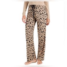 Woman’s Jenni Leopard Print Plush Pajama Pants Material On Tag In Pictures Originally From Macy’s B1 Casual Leopard Print Sleepwear For Loungewear, Leopard Print Wide Leg Loungewear Pants, Leopard Print Loungewear Bottoms, Leopard Print Long Pants For Loungewear, Leopard Print Loungewear Pants With Elastic Waistband, Stretch Leopard Print Pants For Loungewear, Casual Beige Bottoms For Pajama Party, Stretch Leopard Print Loungewear Bottoms, Stretch Leopard Print Bottoms For Loungewear