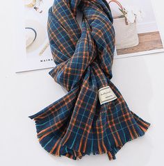 Long rectangular plaid scarf in cozy plaid colors to go with all your autumnal looks. 75" length x 26" width Plaid Scarves For Fall, Blue Scarves For Fall, Orange Fall Scarves, Casual Orange Scarves For Fall, Casual Orange Scarf For Fall, Fall Plaid, Teal Orange, Cozy Fall, Winter Scarf