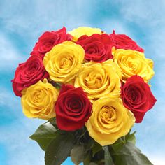 a vase filled with red and yellow roses