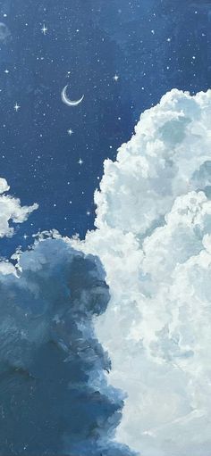 a painting of clouds and the moon in the night sky with stars above them,