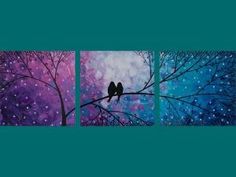 three birds sitting on a tree branch in front of purple and blue sky with stars