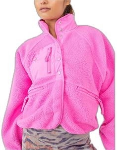 Trendy Fleece Jacket With Pockets, Trendy Fleece Jacket For Cold Weather, Trendy Outdoor Fleece Jacket, Trendy Long Sleeve Outdoor Fleece Jacket, Trendy Fleece Outerwear With Cozy Fit, Trendy Cozy Fit Fleece Outerwear, Trendy Relaxed Fit Fleece Outerwear, Casual Pink Fleece Jacket For Outdoor Activities, Cozy Fit Outerwear With Pockets For Streetwear