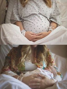 a pregnant woman laying in bed with her hands on her stomach