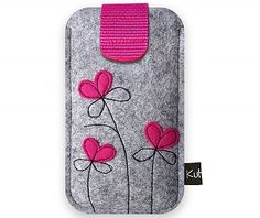 a cell phone case with pink flowers on grey felt and pink trimmings is shown