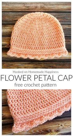 the crocheted flower petal cap is shown in two different colors