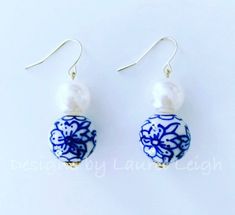 Chinoiserie Blue & White Floral Bead & Pearl Earrings - Ginger jar Bridal Earrings Blue, Handmade Blue Dangle Pearl Earrings, Handmade Blue Pearl Earrings For Gift, Handmade Blue Pearl Drop Earrings, Traditional Blue Pearl Earrings For Wedding, Elegant Beaded Earrings With Large Beads For Gift, Festive Handmade Blue Beaded Earrings, Elegant Large Beaded Earrings For Gifts, Elegant Blue Beaded Earrings For Gift