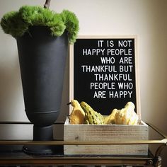 a black potted plant sitting on top of a table next to a sign that says it is not happy people