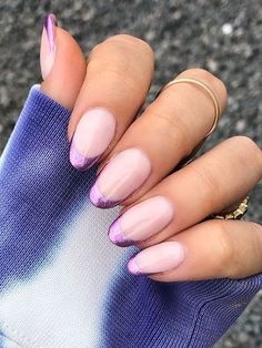 Purple Nail White Tip, White With Purple Chrome, French Nail Designs Purple, French Tip Nails Purple Glitter, French Manicure With Purple Tips, French Manicure Purple Tips, Purple Chrome Tip Nails, Purple Glitter Tip Nails