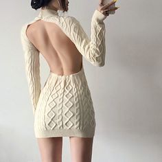 Women's Long Sleeve Round Neck Slim Backless Knitted Sweater Dress Product information: Fabric name: polyester fiberMain fabric composition: polyester fiber (polyester)The content of the main fabric ingredient: 91%-99%Main fabric composition 2: SpandexThe content of main fabric ingredient 2: 10% or lessSweater technology: knittingStyle: HedgingEdition type: Slim typeLength: Ordinary style (50cm＜length≤65cm)Collar type: round neckSleeve length: long sleeveColor: black, apricot, brown Size informa Turtleneck Sweater Dress, Backless Mini Dress, Mini Sweater Dress, Dress Silhouette, Knit Sweater Dress, Wool Dress, Above Knee, Knit Dress