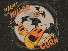 the logo for night of the killer candy corn, with bats and pumpkins on it