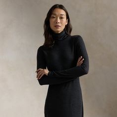 This wool-blend turtleneck dress unites a fitted bodice with a sweeping A-line skirt that hits above the ankle. Sweatpants And Sweater, Classic Turtleneck, Travel Capsule, Turtleneck Dress, All Black Everything, Turtle Neck Dress, Fitted Bodice, Vest Dress, A Line Skirt