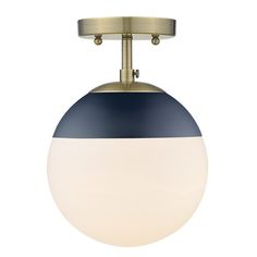 a round light fixture with a blue and white ball on the top, hanging from a brass ceiling fixture