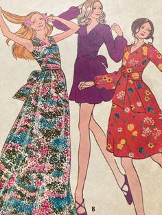 three women's dresses and one woman's dress are shown in this vintage sewing pattern