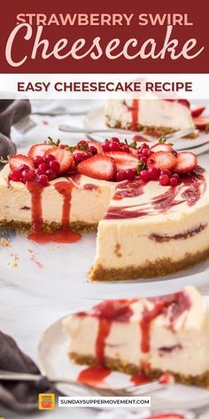 strawberry swirl cheesecake on a white plate with strawberries and cranberry sauce