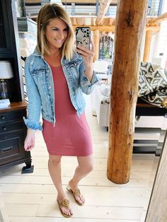 20 Ways To Wear A Denim Jacket - Living in Yellow Pink Dress With Jean Jacket, Dress With Denim Jacket, Spring Teacher Outfits