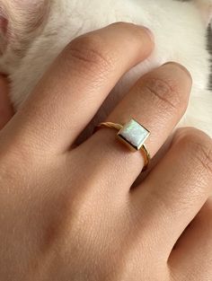 Opal Ring | White Opal Ring | Light Blue Opal | Square Opal Ring | Twisted Ring | Gift For Her | 14k Solid Gold 14k Gold Opal Ring With Polished Finish For Promise, Everyday 14k Yellow Gold Opal Ring, Minimalist Gold Opal Birthstone Ring, Stackable 14k Gold Opal Ring, Opal Moonstone Open Ring For Gift, Minimalist Opal Stackable Promise Rings, Minimalist Gold Opal Ring As Birthstone, Modern Opal Ring In 14k Gold With Polished Finish, Modern 14k Gold Opal Ring With Polished Finish