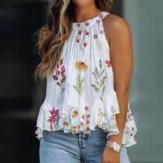 Women's Halter Neck Tank Tops Floral Sleeveless Shirt Pleated Casual Camisole Feature: 1. Fashion women's tops. 2. design makes you more attractive. 3. High quality manufacturing. 4. There are fashionable short sleeves. 5.It's very fashion and make you so beauty. Material: 95% polyester 5% elastane Occasion: Daily, show the case, party Washing method: machine wash Season: spring, summer, autumn Size: M.  Color: White.  Gender: female.  Age Group: adult. Split Sleeve Top, Sleeveless Tops Summer, Blouse Models, Summer Blouses, Casual Tank Tops, Outfit Casual, Sleeveless Tank Top, Look Chic, Summer Tops