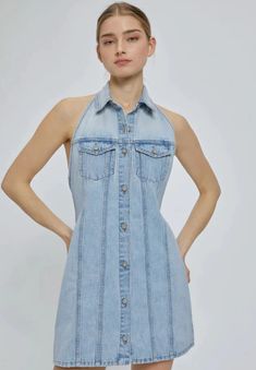 100% Cotton Flattering Halter dress in a light denim Denim Looks, Staple Dress, L And Light, Spring Wardrobe, Light Denim, Dresses Xs, Denim Dress, Halter Dress, Light Blue