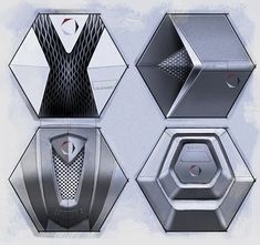 four different views of the interior of a sci - fi space ship, with geometric shapes