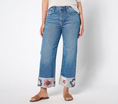 Chill all summer long in the Charlee. These flattering zip-front jeans keep things casual with a wide cuffed hem and ankle-bearing length while the blooming boho embroidery's got all the boutique feels. From Driftwood. Bohemian Relaxed Fit Jeans For Spring, Relaxed Fit Jeans For Spring Festival, Bohemian Straight Leg Jeans With Floral Embroidery, Spring Jeans With Cuffed Ankles In Medium Wash, Medium Wash Jeans With Cuffed Ankles For Spring, Bohemian Wide Leg Jeans With Floral Embroidery, Floral Embroidered Bottoms For Spring Festival, Floral Embroidered Spring Festival Bottoms, Casual Bottoms With Embroidered Hem For Spring