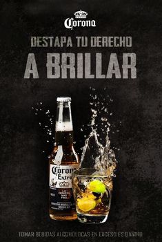 a bottle of corona beer next to a glass filled with ice and lemons on a black background