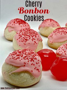 cherry bonbon cookies with pink icing and sprinkles