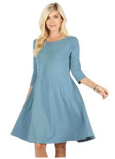 This premium fabric, super soft 3/4 sleeve dress is so comfortable and flattering, you won't want to take it off! Its 38" shoulder-to-hem length is perfect for wearing all fall and spring. Blue Grey Dress, Grey Blue Dress, Dark Green Dress, Olive Dress, Flared Dress, Grey Dress, Cotton Midi Dress, Midi Dress With Sleeves, White Striped Dress