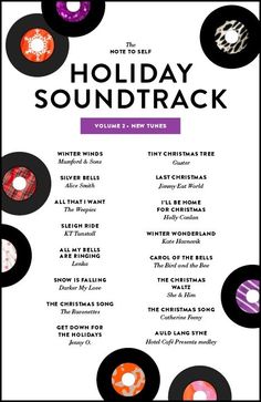 the holiday sound track is shown in purple, orange and white circles with words on them