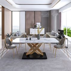 an elegant dining room with marble table and chairs