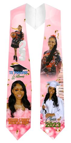 two pink neck ties with pictures of women in graduation caps and gowns on them